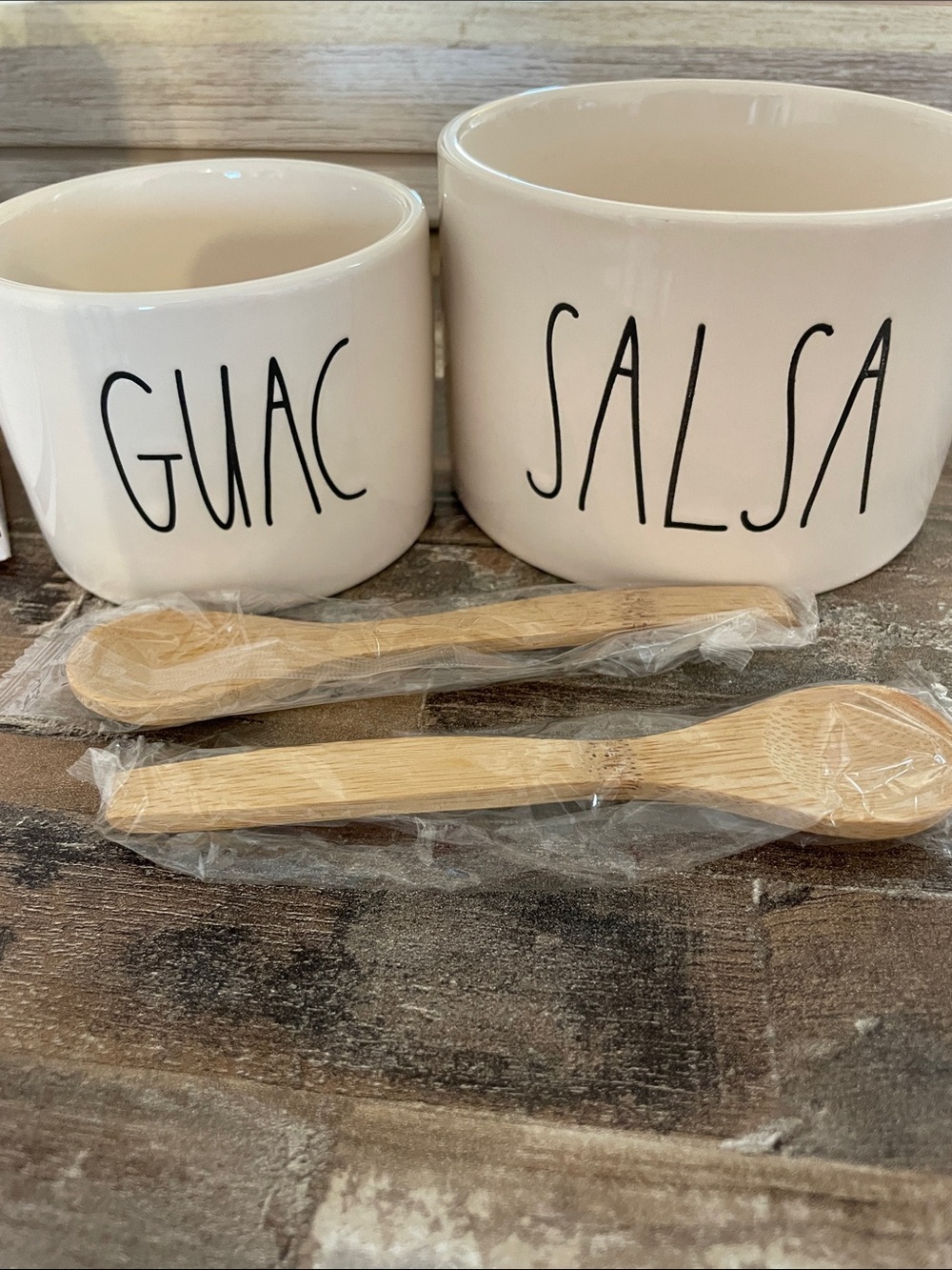 Rae Dunn Cream GUAC & SALSA Ceramic Bowls with Bamboo Spoons